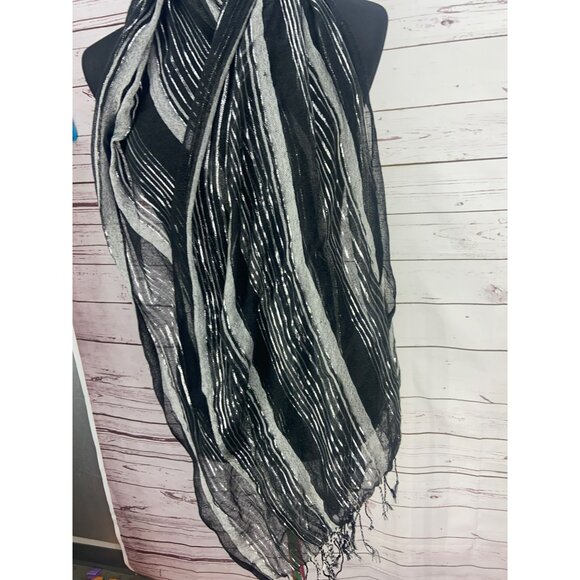 Lightweight Black & Silver Striped Sheer Scarf With Fringe Edge - Picture 4 of 5